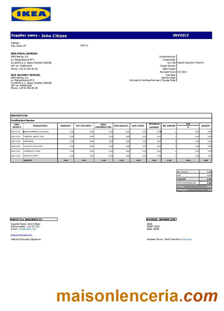 USA Ikea faktura słowo i PDF szablon